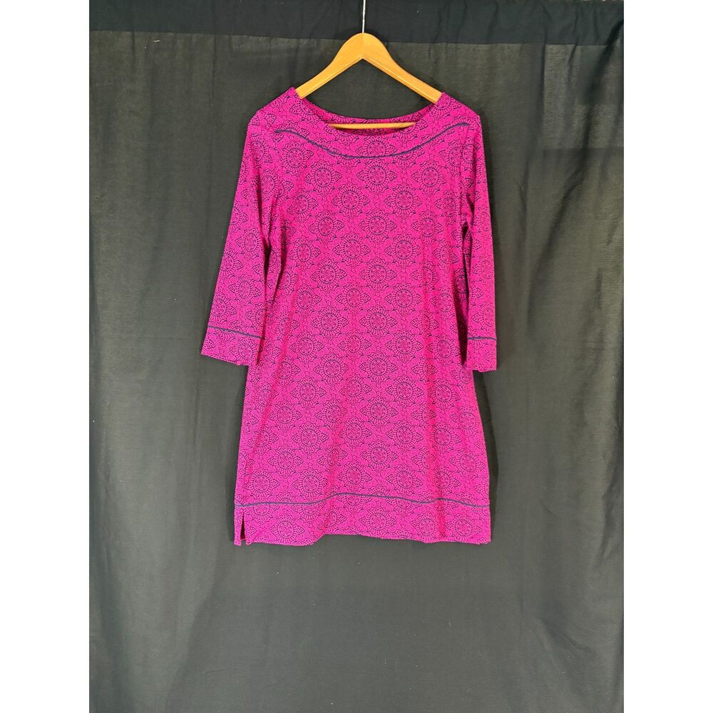 Lands End Swim Cover Up Dress L 14-16 Pink Navy Medallion 3/4 Sleeve
